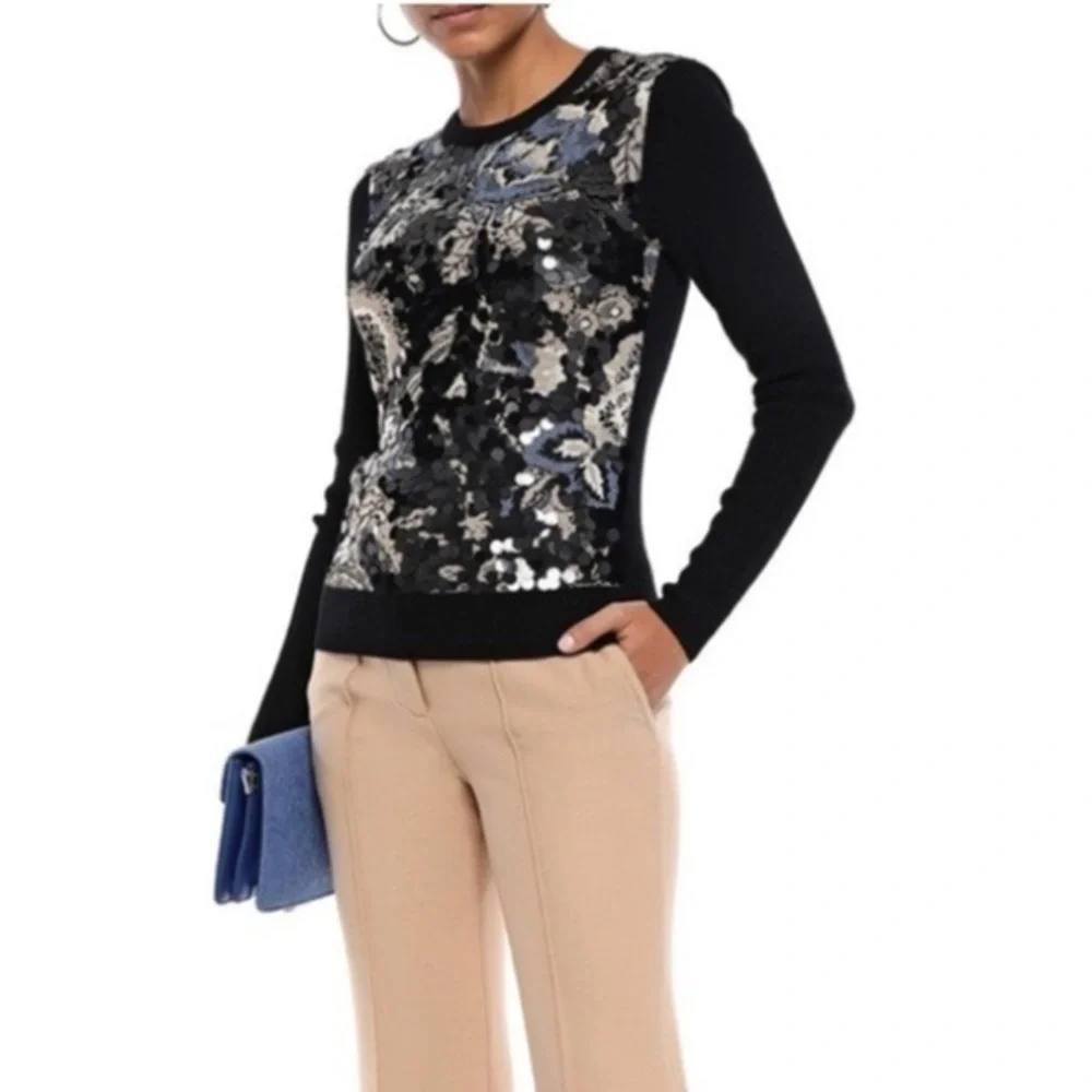 Tory Burch Agnes sequin merino wool black sweater xxs NWT